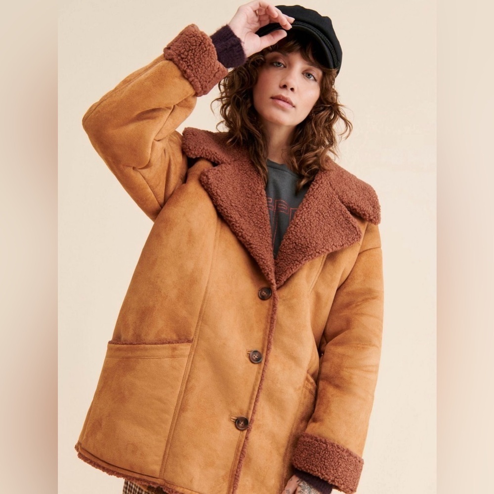 Free People Diogo Shearling Suede Sherpa Jacket Coat XS EUC